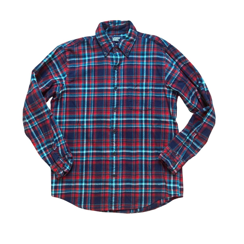 Lands' End Flannel Shirt Mens Red Blue Plaid‎ Traditional Fit SIZE M